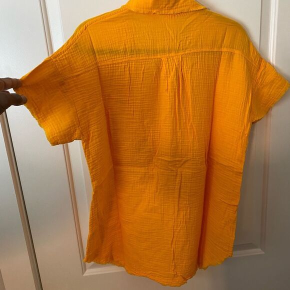 ZENANA Gauze Cotton Front Buttons Large Raw Edge Short Sleeve Mustard Shirt Top - Picture 7 of 9